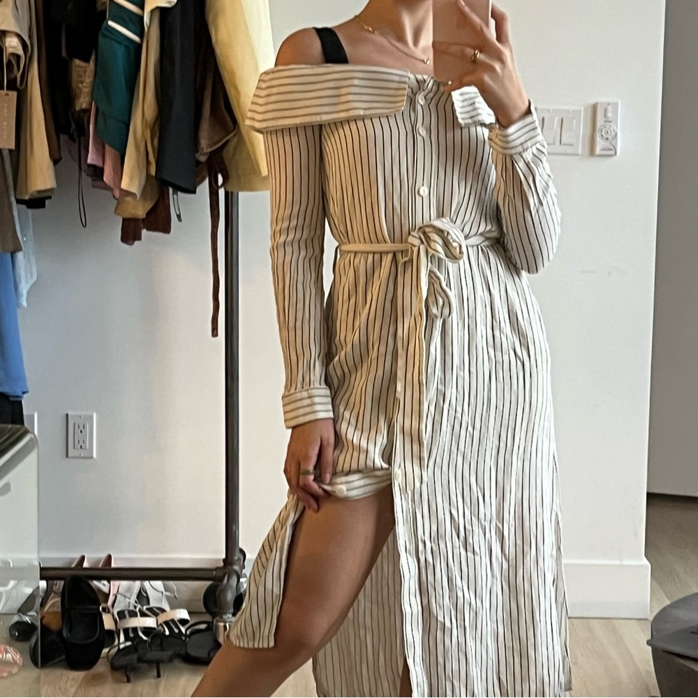Tibi Striped Button Up Off The Shoulder Dress - image 1